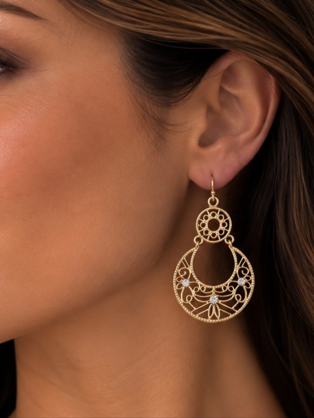 💎 Gold Tone Filigree Chandelier Earrings Rhinestone Boho Statement Dangle